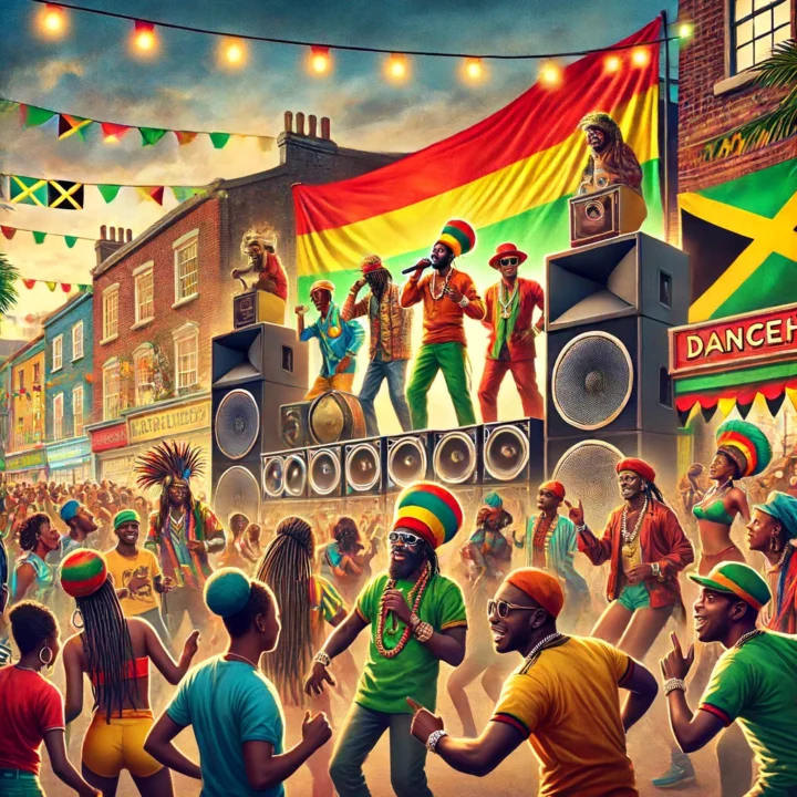 Una escena vibrante de Dancehall en Jamaica con artistas y una multitud disfrutando de la música bajo luces coloridas.