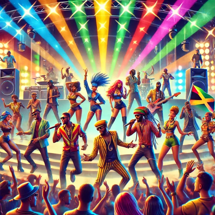 Artistas de Dancehall en un escenario colorido, actuando frente a una multitud animada